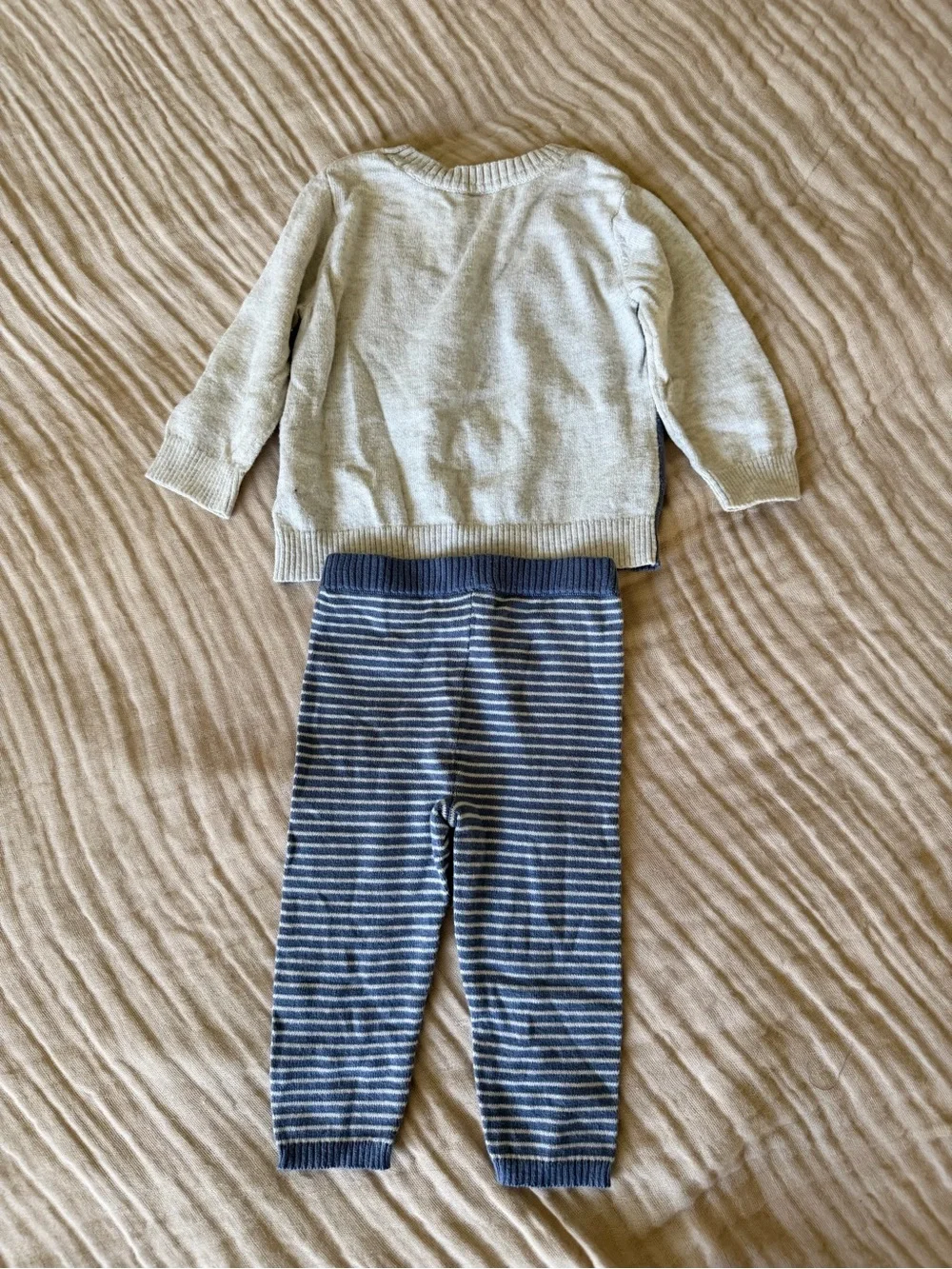 Carter's Blue and Cream Bear Knit Sweater with Striped Leggings 6M
